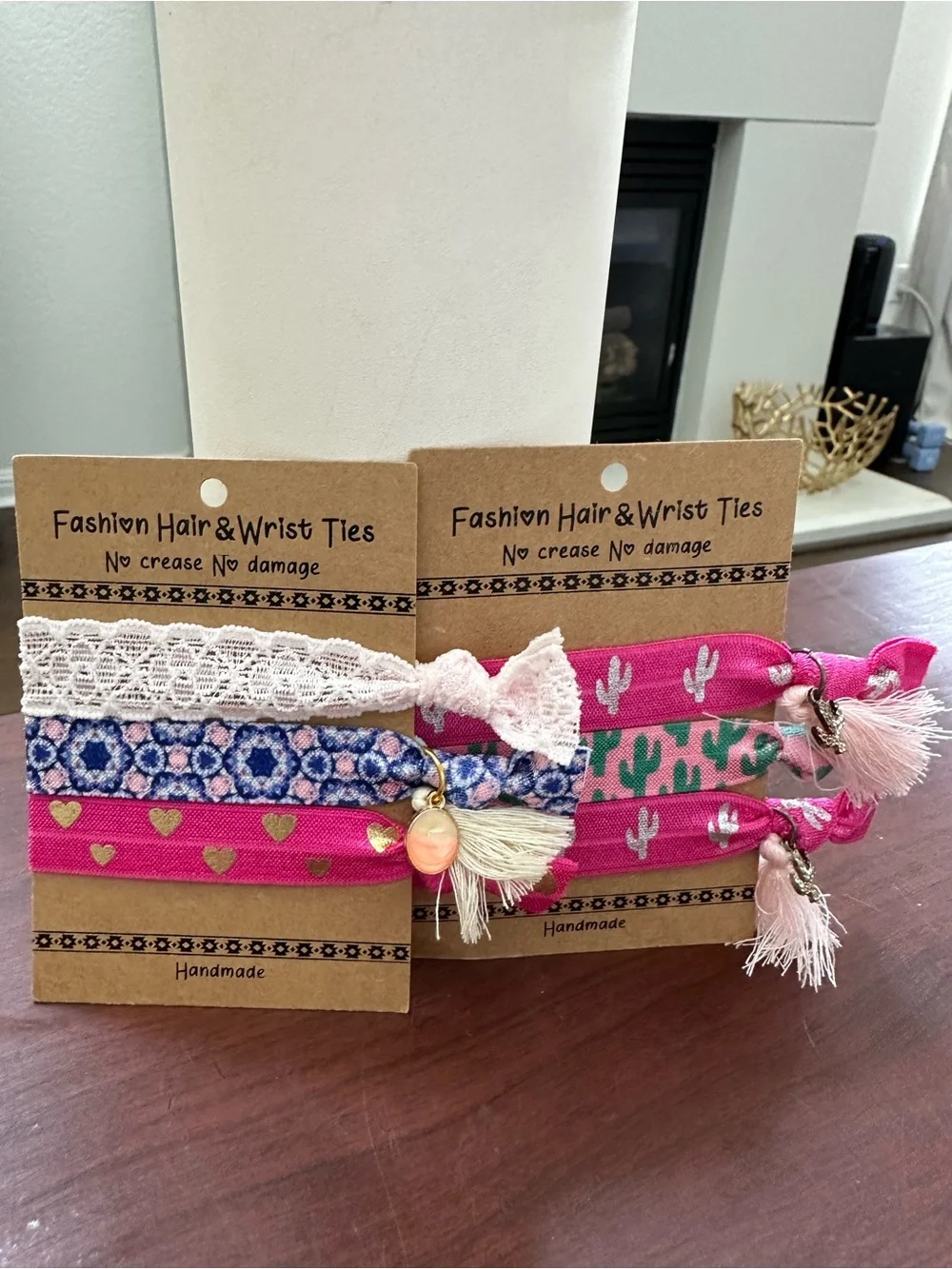 Handmade Pink & White Fashion Hair & Wrist Ties - 2 Packs of Mixed w/charms